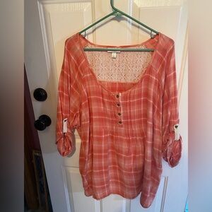 dressbarn Coral Plaid Blouse